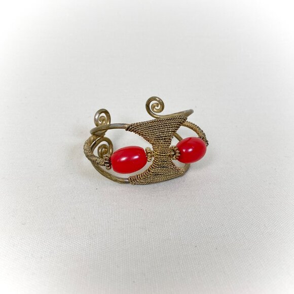 Vintage Primitive 1920s to 1960s Brass Bangle Bracelet with Wire & Bead Details - Picture 6 of 8